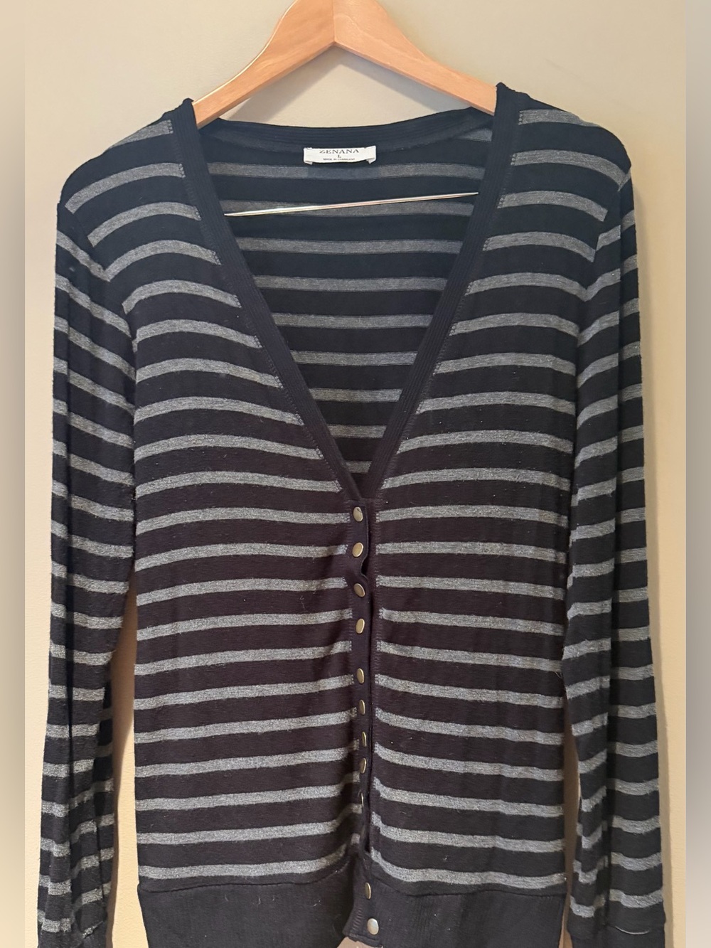 Zenana Black and Gray Striped V-Neck Button Cardigan L